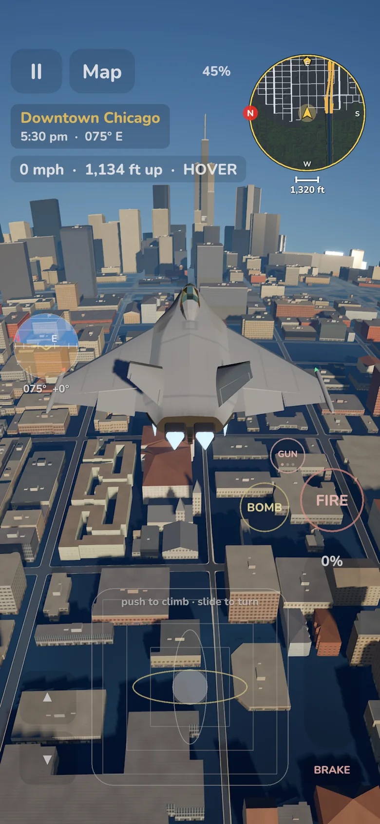 Fly gameplay: a space fighter hovering above downtown Chicago, with the map and portrait controls