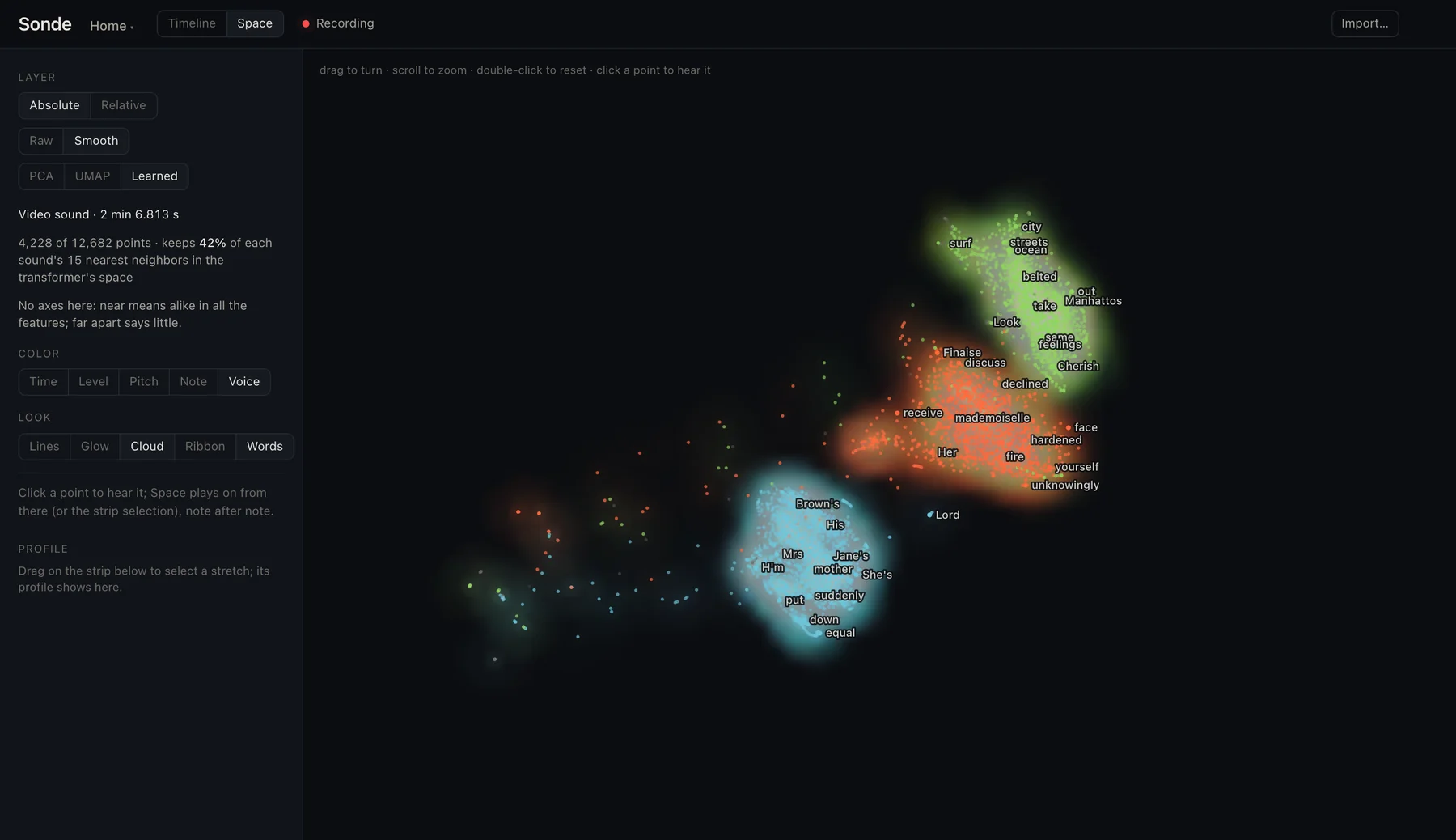 Sonde space view: three soft clouds of points, one per voice, with words floating in each