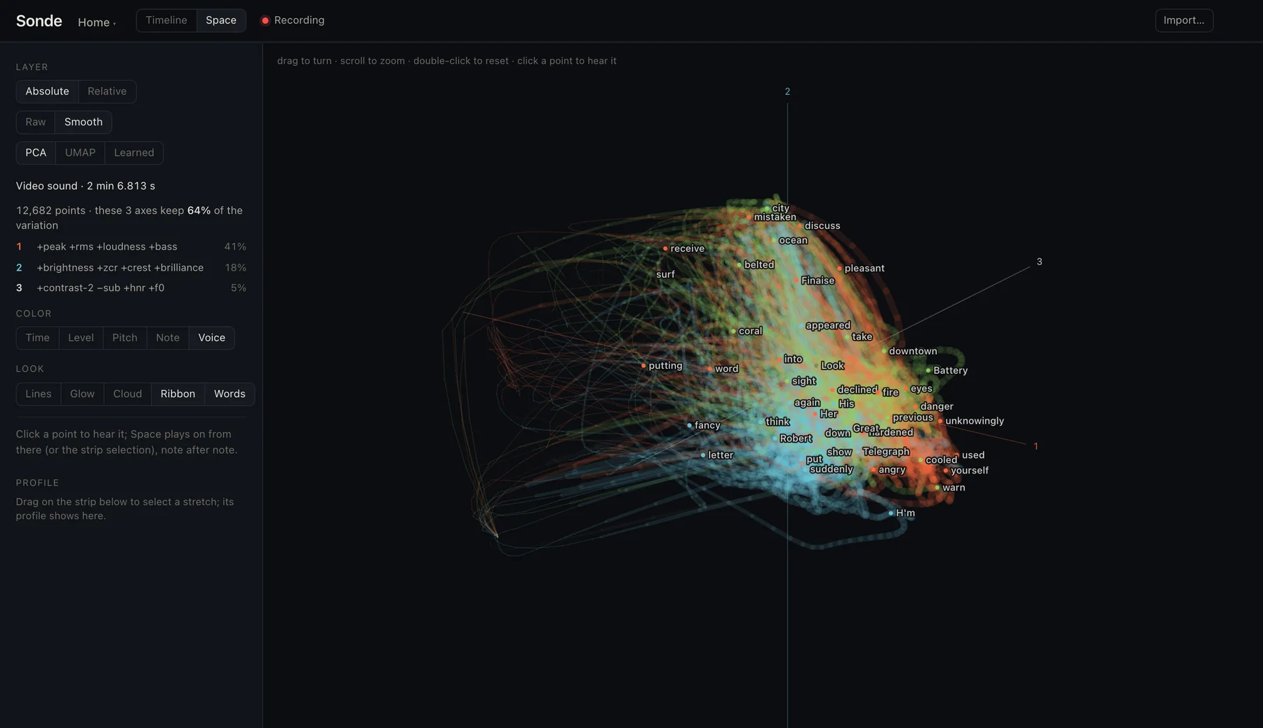Sonde space view: colored ribbons tracing the path of the recording through sound, with words along the path